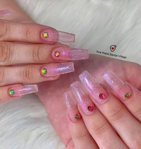 Pink Glitters with Stone Nails Design
