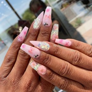Pink floral and Butterfly Nails Design