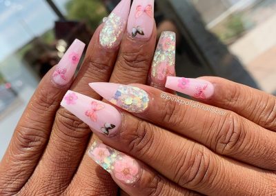 Pink floral and Butterfly Nails Design